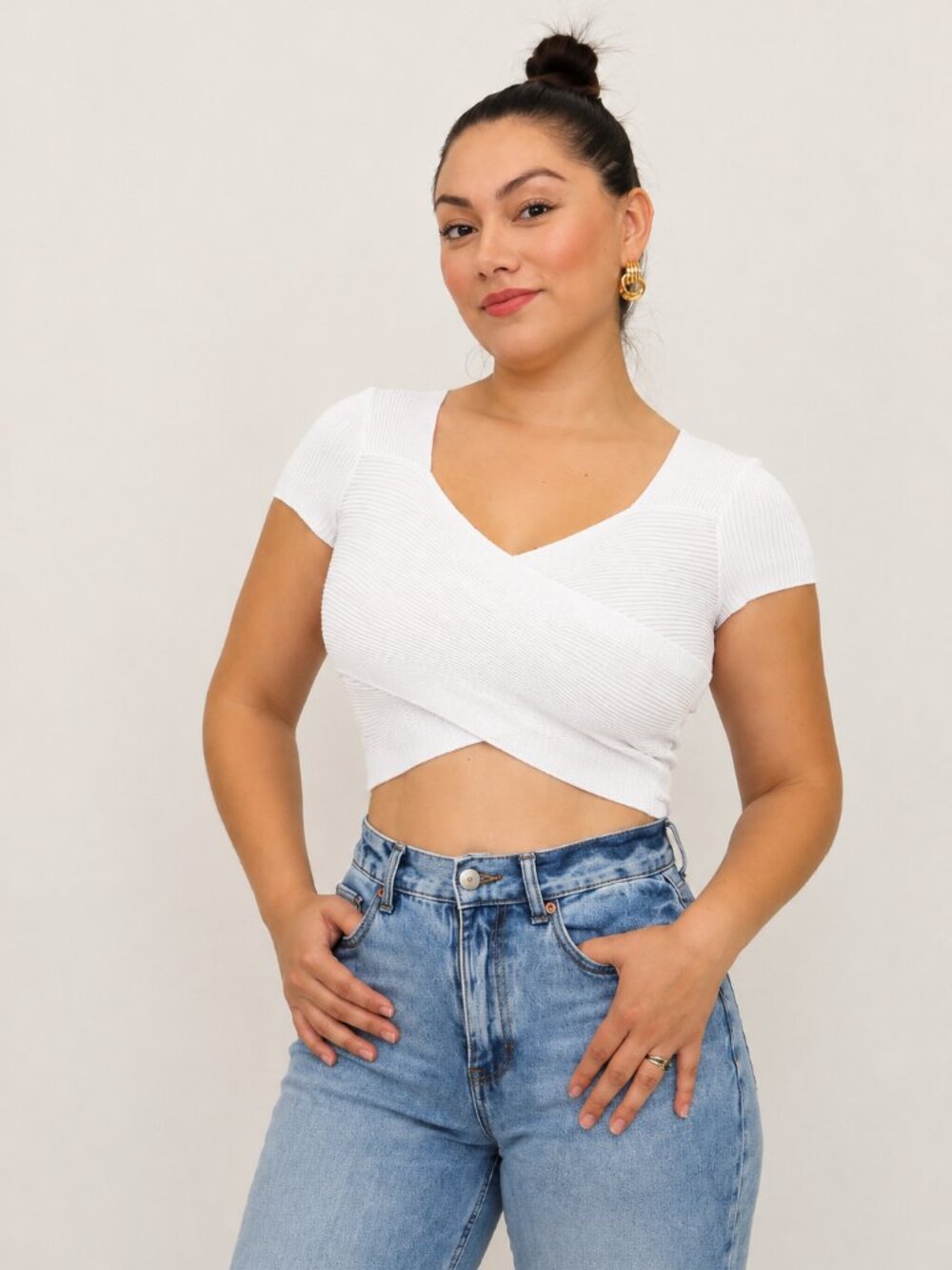 Women’s White Ribbed Wrap Crop Top, V-Neck Short Sleeve Fitted Top